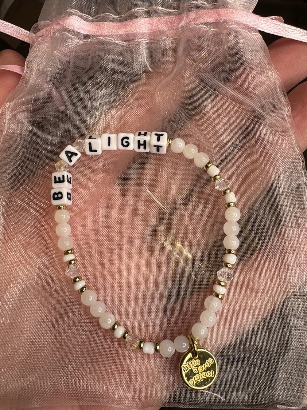 Pink Beaded 'Be A Light' Bracelet with Gold Charm CB